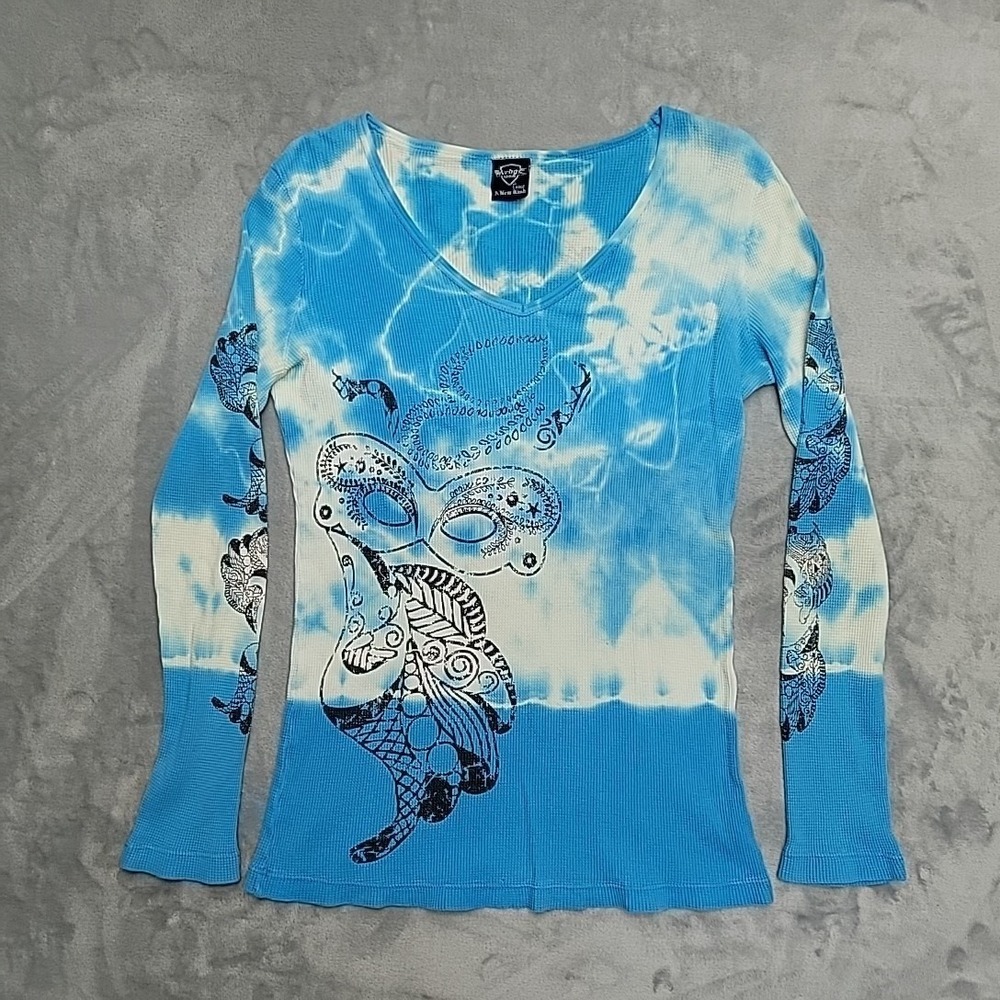 Sledge USA Shirt Women Large Blue Tie Dye Graphic Thermal Y2K Made In USA